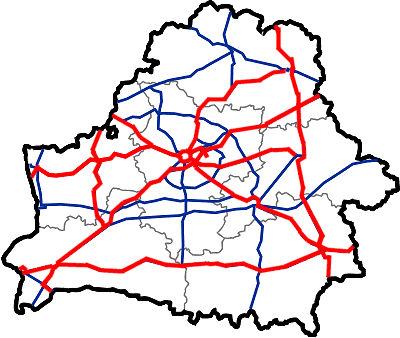Dálniční síť Bělorusko (červelá - dálnice, modrá - silnice 1. tř.)