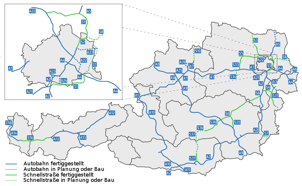 Mapa Rakouska - dálniční úseky