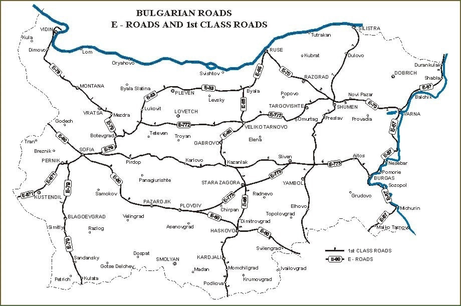 Mapa silnice první třídy v Bulharsku