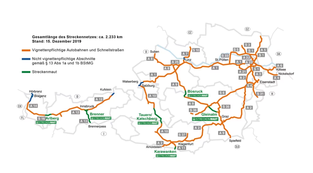 Mapa úseků dálničních známek a mýtného v Rakousku.
