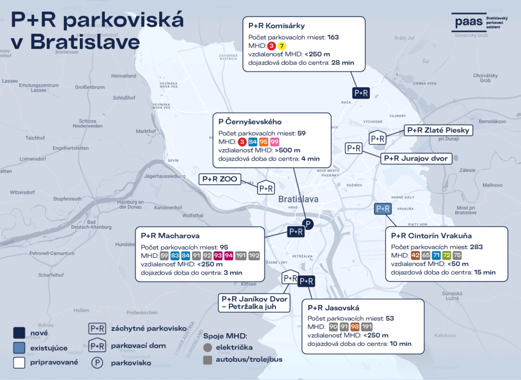 Mapa P+R parkoviště v Bratislavě