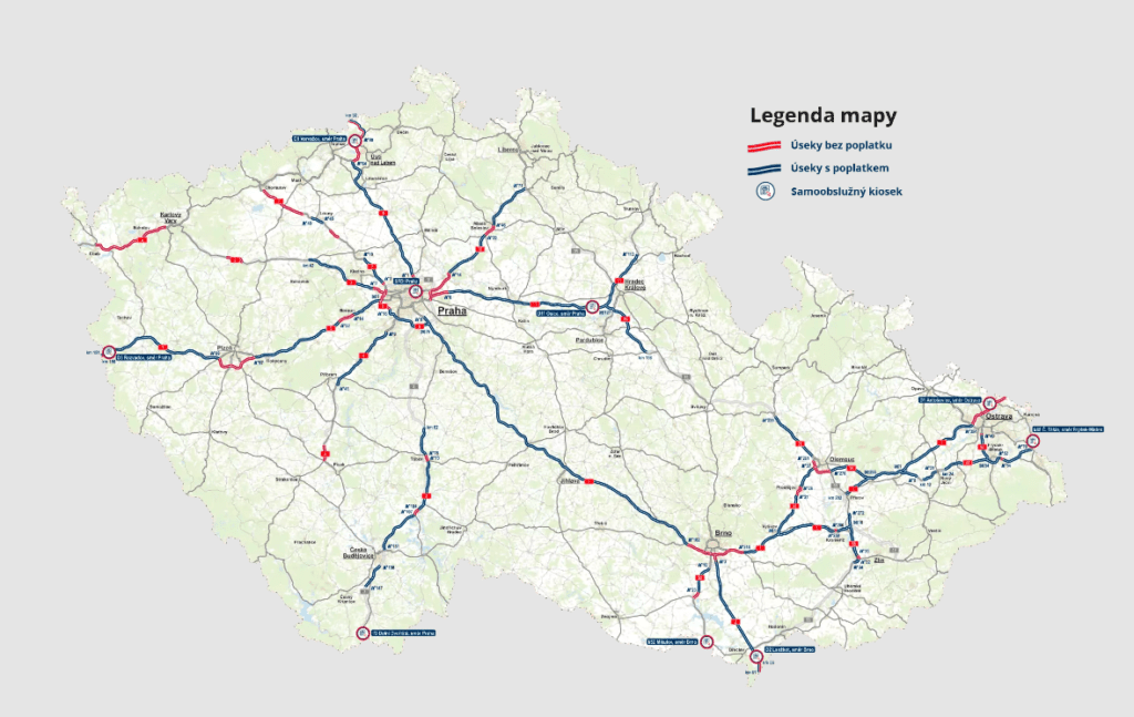 Mapa dálnic České republiky s poplatek a bez poplatku 