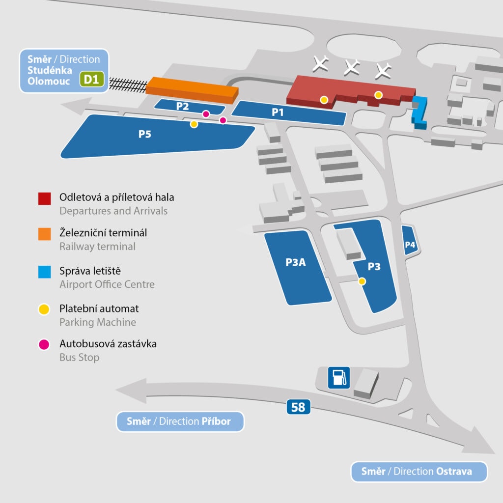 Mapa jednotlivých parkovišť na letišti Ostrava