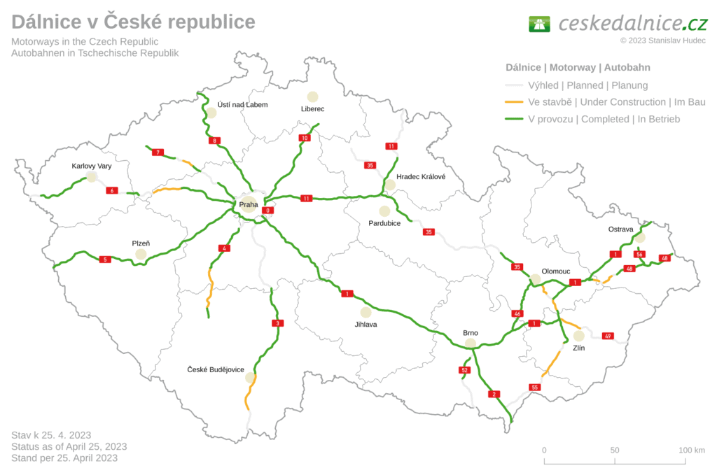 Mapa České republiky - dálniční síť