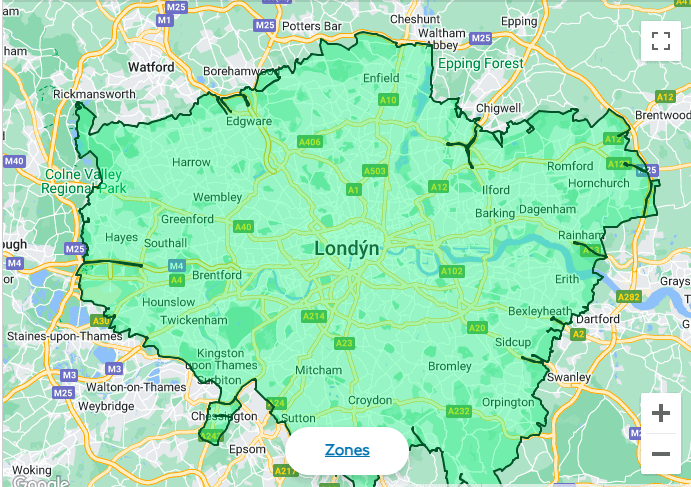Mapa nízkoemisní zóny v Londýně (Low Emission Zone - LEZ)