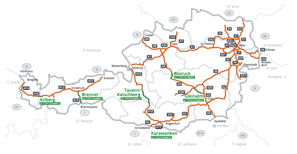 Úseky dálnice v Rakousku zpoplatněné speciálním mýtem